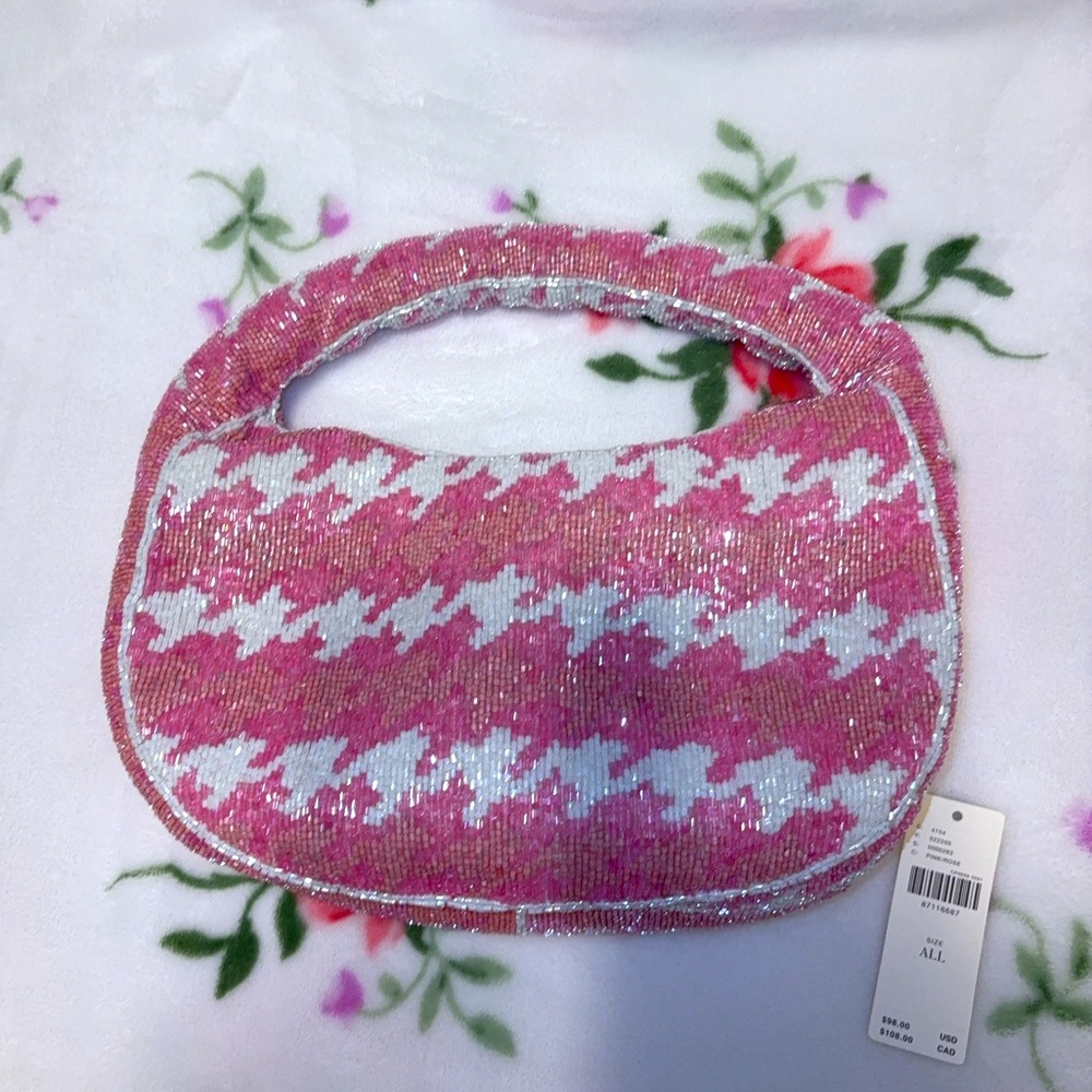 Anthropologie Pink Sequin Houndstooth Beaded Mini Bag